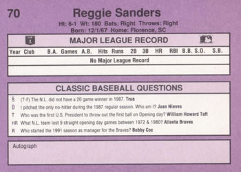 1991 Classic #70 Reggie Sanders Back