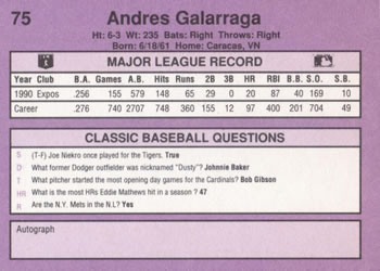 1991 Classic #75 Andres Galarraga Back