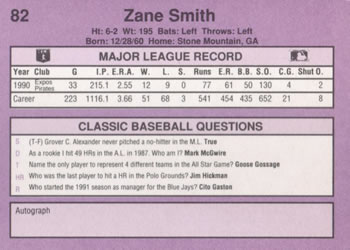 1991 Classic #82 Zane Smith Back