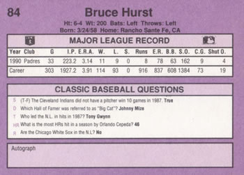1991 Classic #84 Bruce Hurst Back