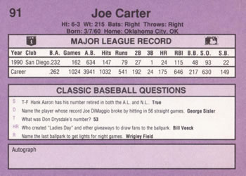 1991 Classic #91 Joe Carter Back
