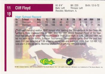 1991 Classic Draft Picks #11 Cliff Floyd Back