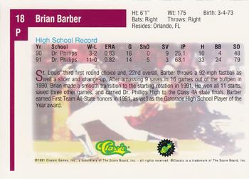 1991 Classic Draft Picks #18 Brian Barber Back
