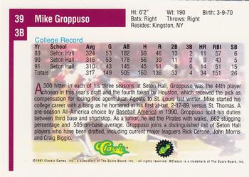 1991 Classic Draft Picks #39 Mike Groppuso Back