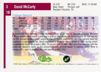 1991 Classic Draft Picks #3 David McCarty Back