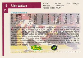 1991 Classic Draft Picks #17 Allen Watson Back