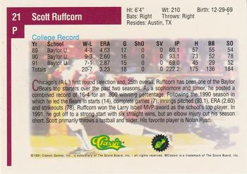 1991 Classic Draft Picks #21 Scott Ruffcorn Back
