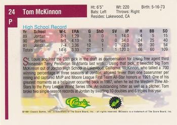 1991 Classic Draft Picks #24 Tom McKinnon Back
