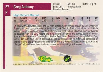 1991 Classic Draft Picks #27 Greg Anthony Back
