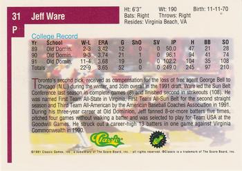 1991 Classic Draft Picks #31 Jeff Ware Back
