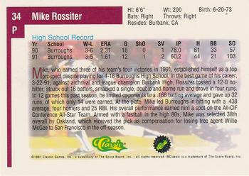 1991 Classic Draft Picks #34 Mike Rossiter Back