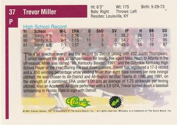 1991 Classic Draft Picks #37 Trevor Miller Back