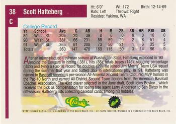 1991 Classic Draft Picks #38 Scott Hatteberg Back