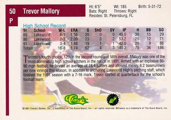 1991 Classic Draft Picks #50 Trevor Mallory Back
