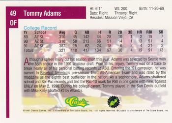 1991 Classic Draft Picks #49 Tommy Adams Back