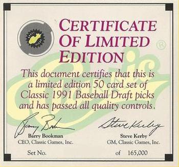 1991 Classic Draft Picks #NNO Certificate of Limited Edition Front