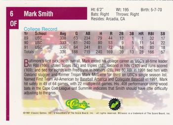 1991 Classic Draft Picks #6 Mark Smith Back