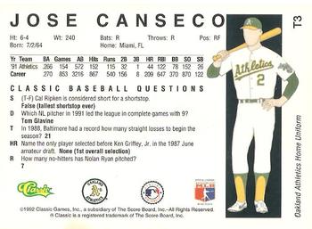 1992 Classic II #T3 Jose Canseco Back