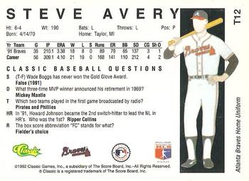 1992 Classic II #T12 Steve Avery Back