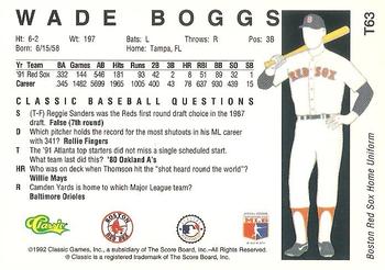 1992 Classic II #T63 Wade Boggs Back