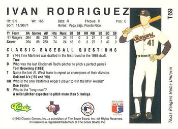 1992 Classic II #T69 Ivan Rodriguez Back