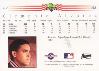 1992 Classic Best #29 Clemente Alvarez Back