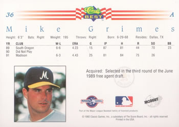1992 Classic Best #36 Mike Grimes Back