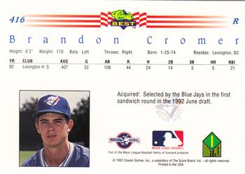 1992 Classic Best #416 Brandon Cromer Back