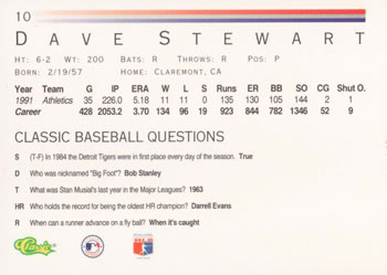 1992 Classic #10 Dave Stewart Back