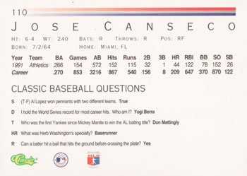 1992 Classic #110 Jose Canseco Back