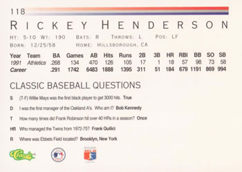 1992 Classic #118 Rickey Henderson Back