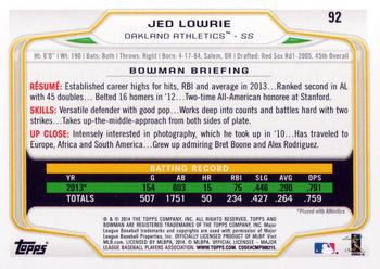 2014 Bowman #92 Jed Lowrie Back