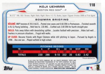 2014 Bowman #118 Koji Uehara Back