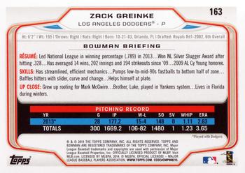 2014 Bowman #163 Zack Greinke Back