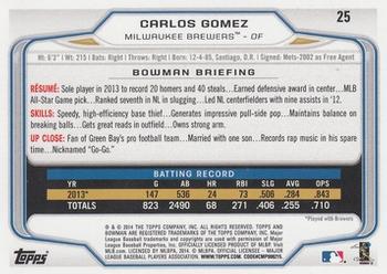 2014 Bowman #25 Carlos Gomez Back