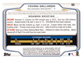 2014 Bowman #64 Yovani Gallardo Back