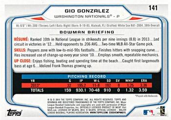 2014 Bowman #141 Gio Gonzalez Back