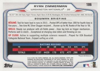 2014 Bowman #186 Ryan Zimmerman Back
