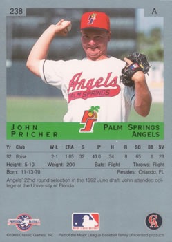 1993 Classic Best #238 John Pricher Back