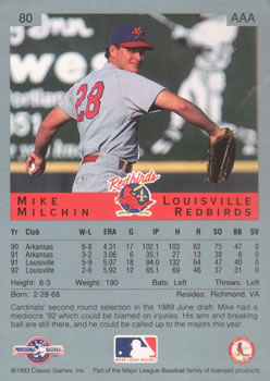 1993 Classic Best #80 Mike Milchin Back