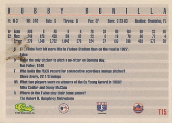 1993 Classic #T15 Bobby Bonilla Back