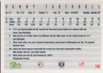 1993 Classic #T90 Danny Tartabull Back