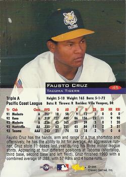 1994 Classic #45 Fausto Cruz Back