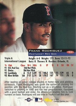 1994 Classic #94 Frank Rodriguez Back