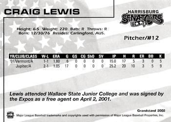 2002 Grandstand Harrisburg Senators #12 Craig Lewis Back