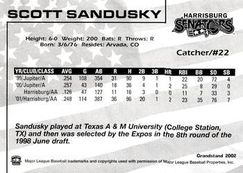 2002 Grandstand Harrisburg Senators #20 Scott Sandusky Back