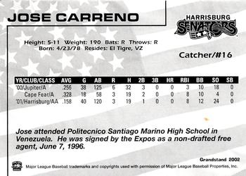 2002 Grandstand Harrisburg Senators #3 Jose Carreno Back