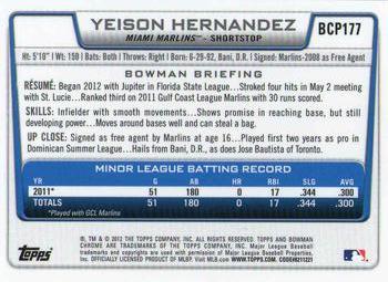 2012 Bowman Chrome - Prospects #BCP177 Yeison Hernandez Back