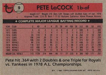1981 Topps #9 Pete LaCock Back