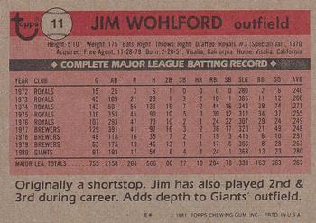 1981 Topps #11 Jim Wohlford Back